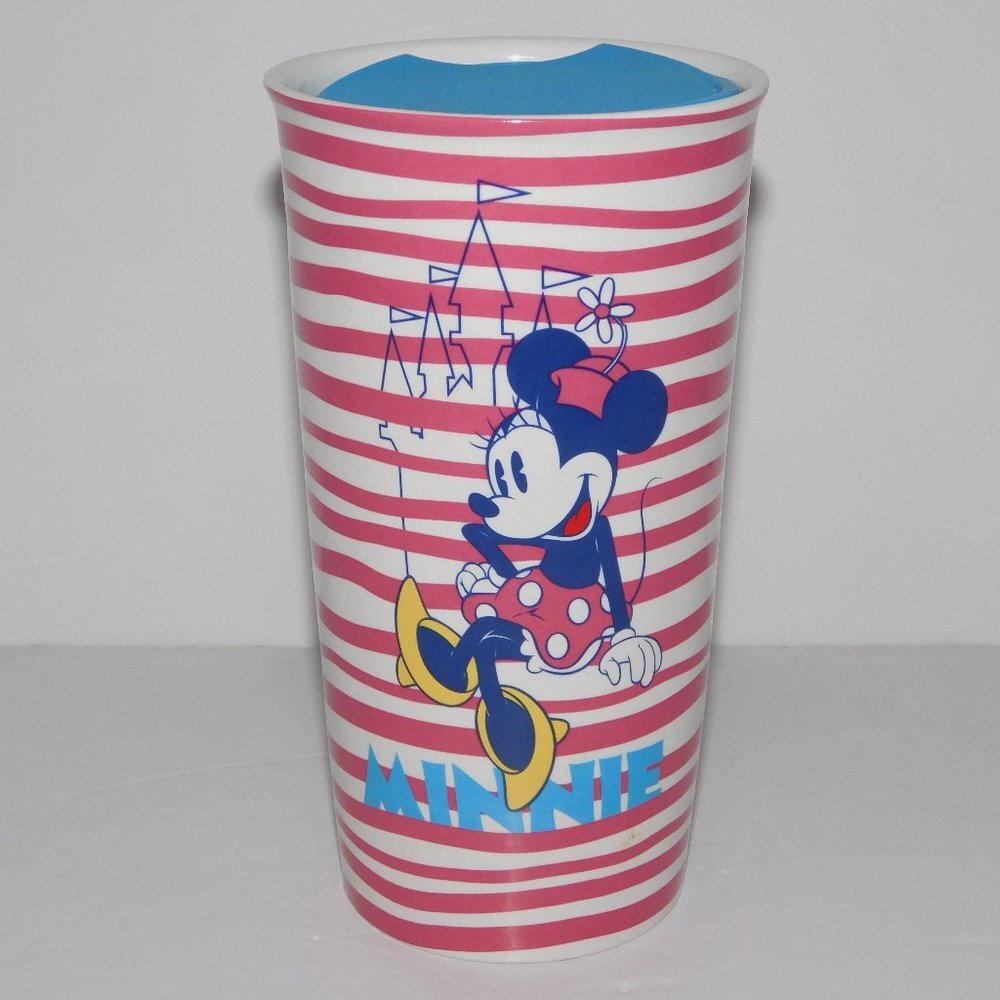 Minnie Mouse Pink White Striped Ceramic Travel Tumbler Disney Parks Mug 6.5"